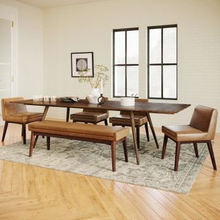 The Fine Dining Bundle, contains products [Seno 71" - 110" Extendable Dining Table - Oak], [Chantel Leather Dining Chair - Toscana Tan] and [Chantel 56" Leather Bench - Toscana Tan].