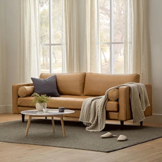 The Greatest Hits Bundle , contains products [Sven 88" Tufted Leather Sofa - Charme Tan] and [Mara 31.5" Marble Coffee Table - Oak].