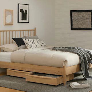 The Streamlined Storage Queen Bundle, contains products [Lenia Queen Bed - White Oak] and [Lenia Underbed Storage Drawer Set - White Oak].