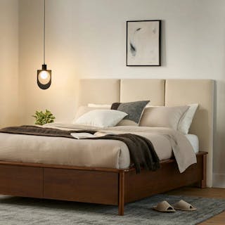 The Minimalist Storage Bundle, contains products [Noel Queen Velvet Headboard - Plush Pacific Taupe] and [Pactera Queen Storage Bed - Walnut].