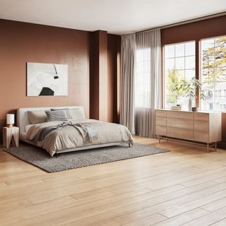 The Soft Storage Bundle, contains products [Lenia 9-Drawer Triple Dresser - White Oak] and [Abisko King Upholstered Bed - Quartz White].