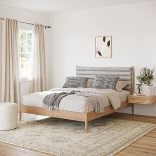 The Coasting Bundle, contains products [Lenia Queen Upholstered Bed - White Oak and Rain Cloud Gray] and [Lenia Floating Nightstand - White Oak].