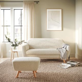 The Soft Whites Bundle, contains products [Gabriola 64" Loveseat - Ivory Bouclé], [Gabriola 23" Ottoman - Ivory Bouclé] and [Mara Marble Side Table - Oak].