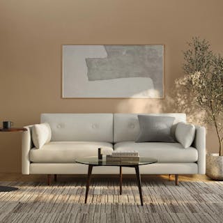 The Simple Solution Bundle, contains products [Anton 74" Loveseat - Limestone] and [Clarus 31.5" Glass Coffee Table - Walnut].