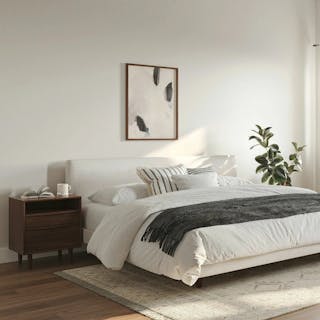 The MVP Sleep Bundle, contains products [Tessu King Low Profile Upholstered Bed - Clay Taupe], [Lenia 2-Drawer Nightstand - Walnut] and [Lenia 6-Drawer Double Dresser - Walnut].