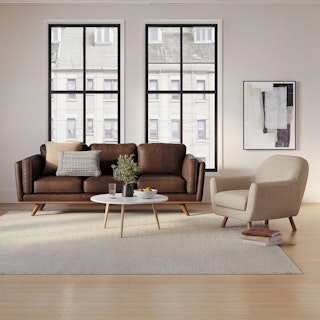 The Conversation Starter Bundle, contains products [Timber 90" Leather Sofa - Charme Chocolat] and [Gabriola 34" Lounge Chair - Sandstone Wool Bouclé].