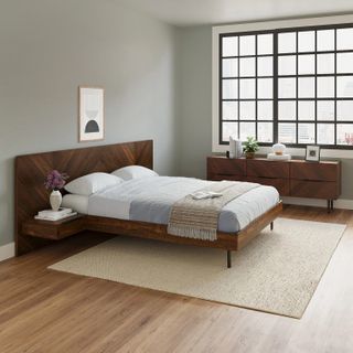 The Easy Choice Bundle - Queen, contains products [Nera Queen Low Profile Bed with Nightstands Set - Walnut] and [Nera 6-Drawer Low Triple Dresser - Walnut].