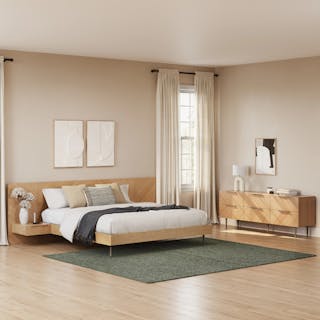 The Easy Choice Bundle - King, contains products [Nera King Low Profile Bed with Nightstands Set - Walnut] and [Nera 6-Drawer Low Triple Dresser - Walnut].