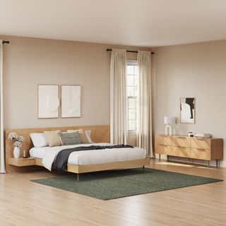 The Easy Choice Bundle - King, contains products [Nera King Low Profile Bed with Nightstands Set - Walnut] and [Nera 6-Drawer Low Triple Dresser - Walnut].