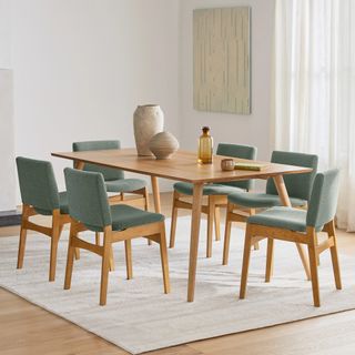 The Dinner Party Pro Bundle - Oak, contains products [Seno 71" Dining Table - Oak] and [Nosh Dining Chair - Oak and Ratine Green].
