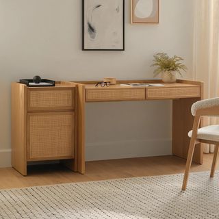 The Essential Deca Bundle, contains products [Deca 48" Desk - Oak] and [Deca 19.25" Cabinet - Oak].