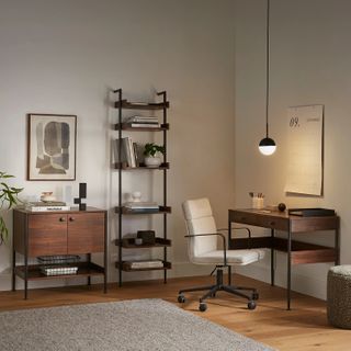 The Official Newberry Bundle, contains products [Newberry 19.5" Shelving Unit, Narrow - Walnut], [Newberry 30" Cabinet - Walnut] and [Newberry 43.25" Desk - Walnut].