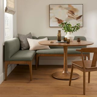 The Rosin Brunch Club Bundle, contains products [Rosin 53" Armless Banquette - Smoked Oak and Welsh Green], [Rosin 56.75" Right Corner Banquette - Smoked Oak and Welsh Green] and [Hendrick 47.25" Dining Table - Smoked Oak].