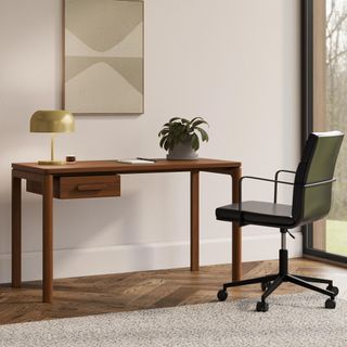 The Mid-Century Office Bundle, contains products [Kacey 51" Desk - Walnut] and [Gerven Leather Office Chair - Oxford Black].