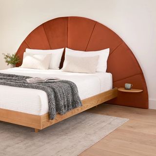 The Statement Bed Bundle - King, contains products [Basi King Bed Frame - Oak] and [Almelo King Velvet Headboard - Hale Rust].