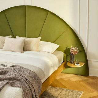The Statement Bed Bundle - Queen, contains products [Basi Queen Bed Frame - Oak] and [Almelo Queen Velvet Headboard - Hale Serrano Green].