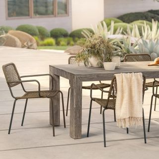 The Atica x Manna Dining Bundle, contains products [Atica 86.5" Outdoor Dining Table - Washed Acacia] and [Manna Outdoor Dining Chair - Grove Green].