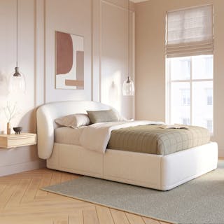 The Kayra x Lenia Bedroom Bundle, contains products [Kayra Queen Upholstered Storage Bed - Ivory Bouclé] and [Lenia Floating Nightstand - White Oak].