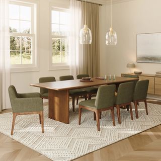 The Culinary Council Bundle, contains products [Torme 82.75" - 104.25" Extendable Dining Table - Smoked Oak], [Rosin Dining Chair - Smoked Oak and Welsh Green] and [Rosin Dining Armchair - Smoked Oak and Welsh Green].