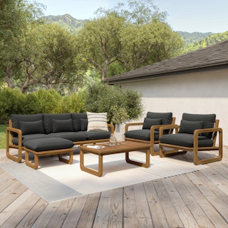 The Laholm Lounge Bundle, contains products [Laholm 88" Outdoor Sofa - Dravite Black], [Laholm 29" Outdoor Ottoman - Dravite Black], [Laholm 36.5" Outdoor Lounge Chair - Dravite Black] and [Laholm 43" Outdoor Coffee Table - Acacia].