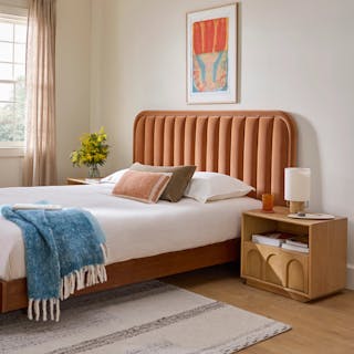 titletitle1, contains products [Cassie King Upholstered Bed with Nightstands - Smoked Oak and Taupe Chenille] and [Cassie 56" Bench - Smoked Oak and Taupe Chenille].