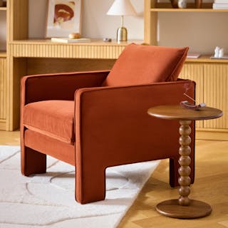 The Vintage Vibes Bundle, contains products [Oren 29.5" Velvet Lounge Chair - Hale Rust] and [Hallie Side Table - Smoked Oak].