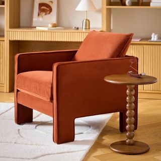 The Vintage Vibes Bundle, contains products [Oren 29.5" Velvet Lounge Chair - Hale Rust] and [Hallie Side Table - Smoked Oak].