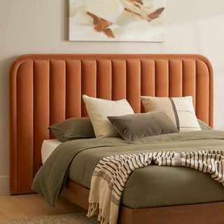 The Velvet Vista Bundle - Queen, contains products [Rolph Queen Velvet Headboard - Plush Pacific Rust] and [Basi Queen Bed Frame - Walnut].