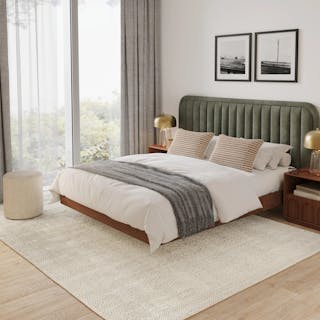 The Velvet Vista Bundle - King, contains products [Rolph King Velvet Headboard - Plush Pacific Green] and [Basi King Bed Frame - Walnut].