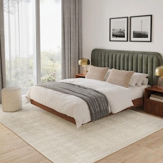 The Velvet Vista Bundle - King, contains products [Rolph King Velvet Headboard - Plush Pacific Green] and [Basi King Bed Frame - Walnut].