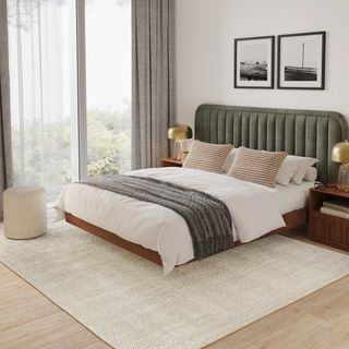 The Velvet Vista Bundle - King, contains products [Rolph King Velvet Headboard - Plush Pacific Green] and [Basi King Bed Frame - Walnut].
