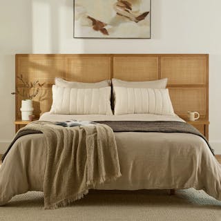 The Rattan Retreat Bundle - Queen, contains products [Olalla Queen Headboard - Oak] and [Basi Queen Bed Frame - Oak].