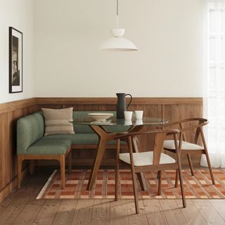 The Rosin Breakfast Club Bundle - Left, contains products [Rosin 56.75" Left Corner Banquette - Smoked Oak and Welsh Green] and [Rosin 53" Armless Banquette - Smoked Oak and Welsh Green].