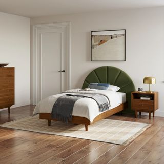 The Basi x Almelo Velvet Bedroom Bundle - Twin, contains products [Almelo Twin Velvet Headboard - Hale Serrano Green] and [Basi Twin Bed Frame - Walnut].