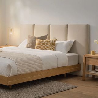 The Basi x Noel Velvet Bedroom Bundle - King, contains products [Basi King Bed Frame - Smoked Oak] and [Noel King Velvet Headboard - Plush Pacific Taupe].