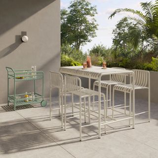 The Sarek Outdoor Bar Table x Counter Stool Bundle, contains products [Sarek 51" Outdoor Bar Table - Taupe] and [Sarek Outdoor Stackable Counter Stool - Taupe].