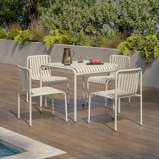 The Sarek Dining Table x Dining Chair Bundle, contains products [Sarek 35.5" Outdoor Dining Table - Taupe] and [Sarek Outdoor Stackable Dining Chair - Taupe].