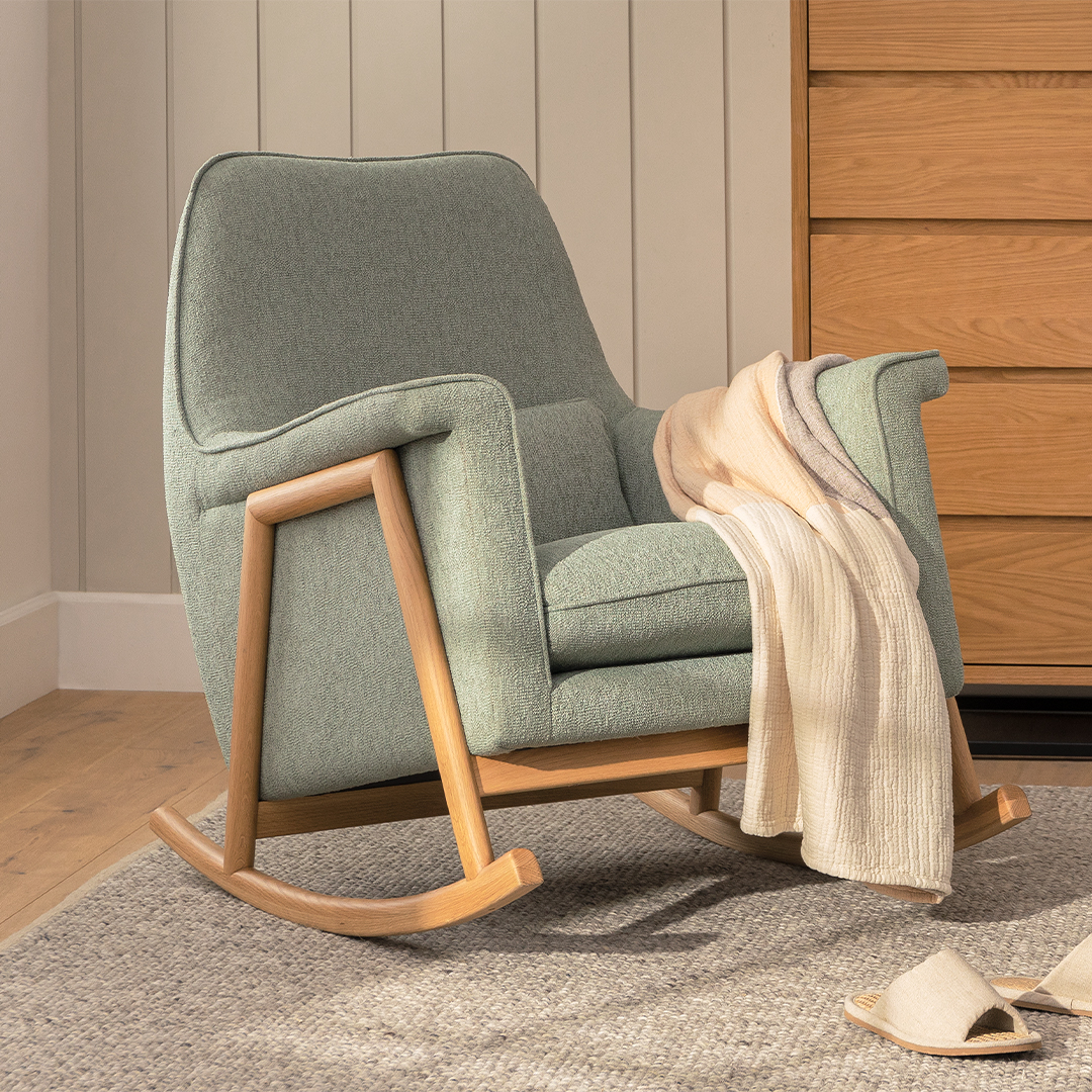 Munni Cloudburst Gray Fabric & American Oak Rocking Chair