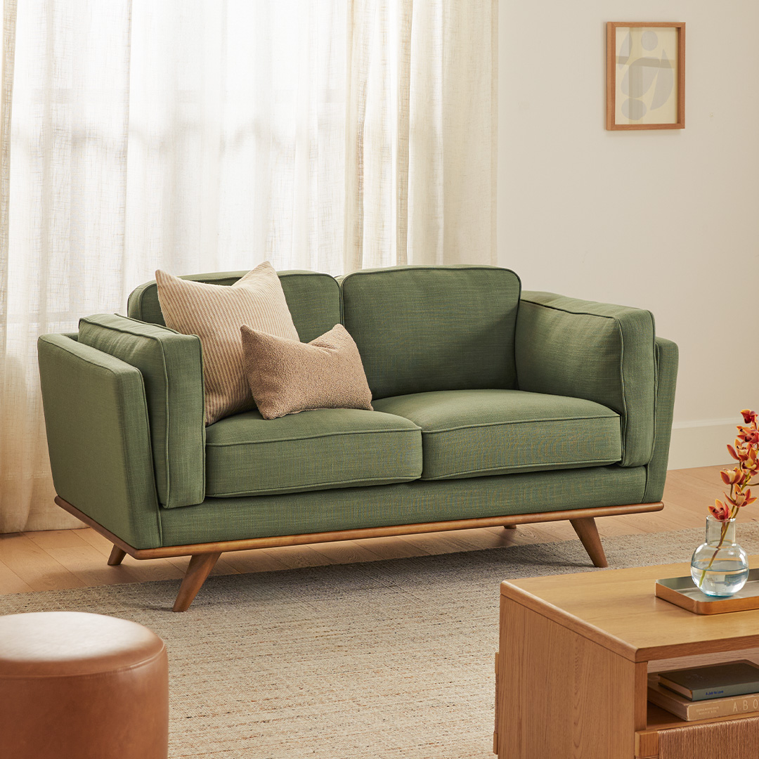 Timber Green Fabric Honey Oak Base 2 Seater Loveseat Sofa