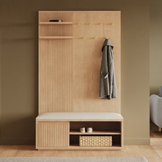 Kouva 47" Bench and Wall Panel Storage Set - Natural Oak and Santolina Gray