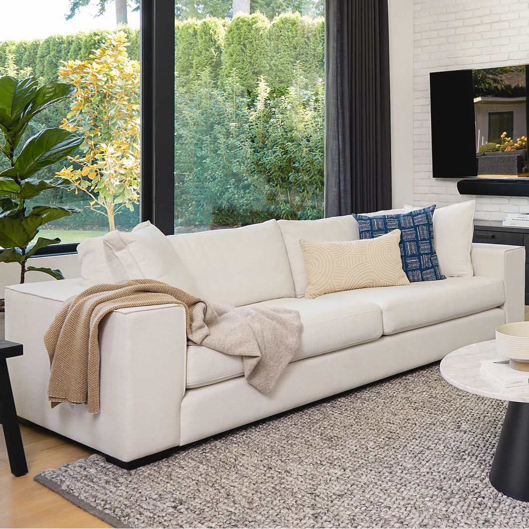 Quartz White 3-Seater Fabric Sofa w/ Throw Pillows | Sitka